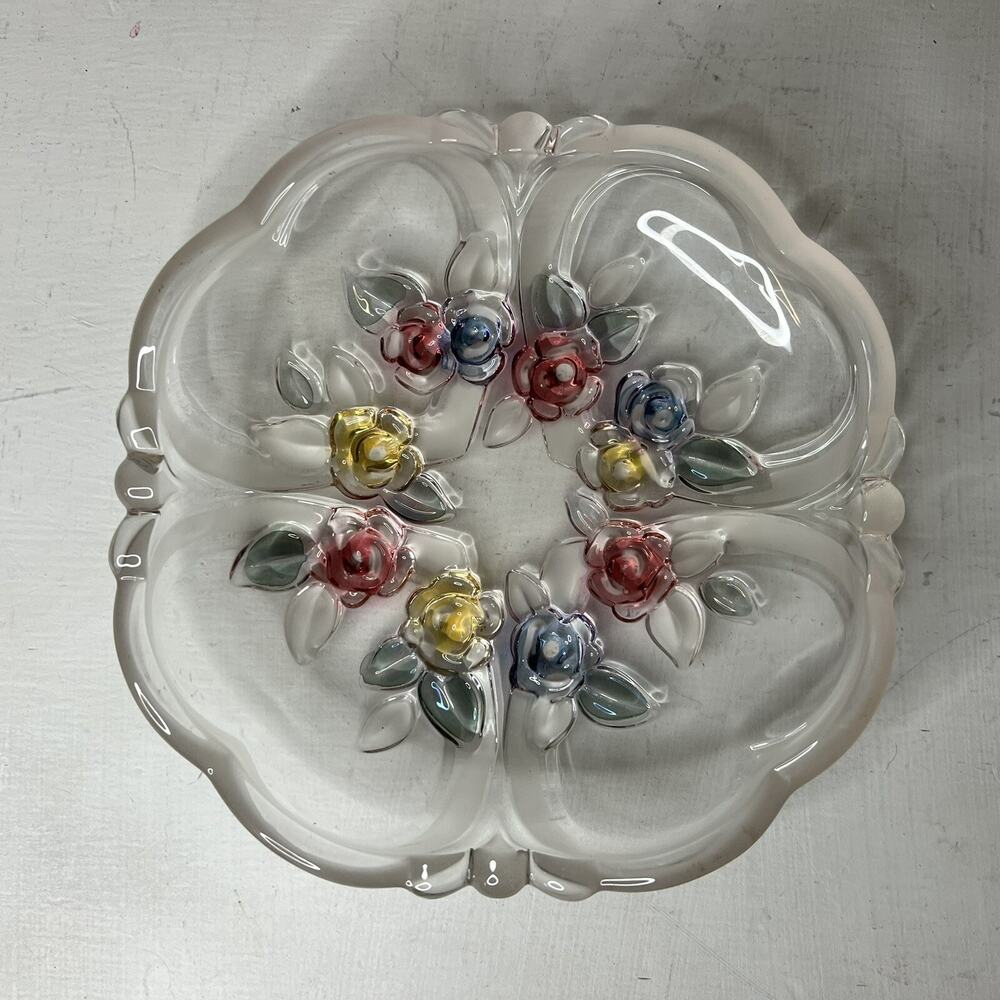VTG Pastel Rose Floral Glass Ashtray Trinket Dish MCM Mid Century 50s 60s